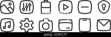 12 set of linear basic ui icons. thin outline icons such as email, card, setting, minus, half battery, adjust for web, mobile Stock Vector