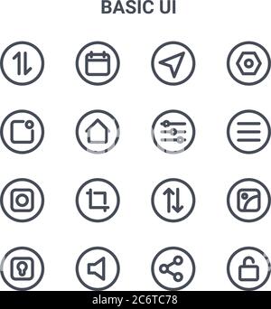 set of 16 basic ui concept vector line icons. 64x64 thin stroke icons such as calendar, notification, menu, exchange, volume, lock, share, adjust, set Stock Vector