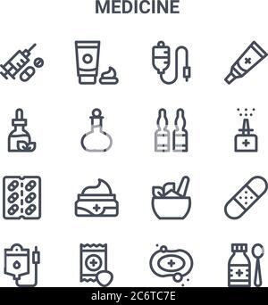 set of 16 medicine concept vector line icons. 64x64 thin stroke icons such as cream, tincture, nasal spray, ayurvedic, throat, syrup, soap, ampoule, o Stock Vector
