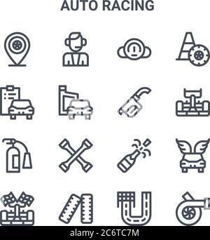 set of 16 auto racing concept vector line icons. 64x64 thin stroke icons such as commentator, diagnostic, racing car, champagne, wheels, motor, racing Stock Vector