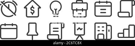 12 set of linear business icons. thin outline icons such as stairs, presentation, pin, calendar, idea, company for web, mobile Stock Vector