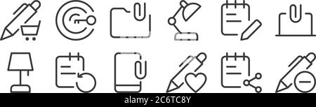 12 set of linear work office supply icons. thin outline icons such as remove, favorite, reload, office supplies, file, target for web, mobile Stock Vector