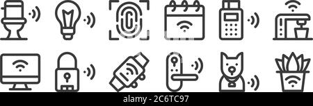 12 set of linear internet of things icons. thin outline icons such as smart farm, smart door, smart lock, edc, fingerprint scan, light for web, mobile Stock Vector