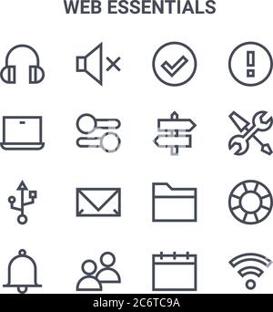 set of 16 web essentials concept vector line icons. 64x64 thin stroke icons such as mute, laptop, settings, file, users, wifi, calendar, direction, wa Stock Vector