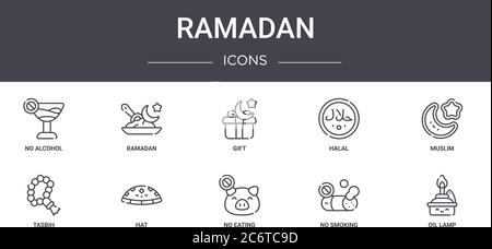 ramadan concept line icons set. contains icons usable for web, logo, ui/ux such as ramadan, halal, tasbih, no eating, no smoking, oil lamp, muslim, gi Stock Vector