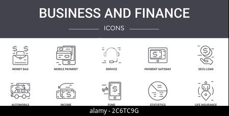 business and finance concept line icons set. contains icons usable for web, logo, ui/ux such as mobile payment, payment gateway, automobile, fund, sta Stock Vector