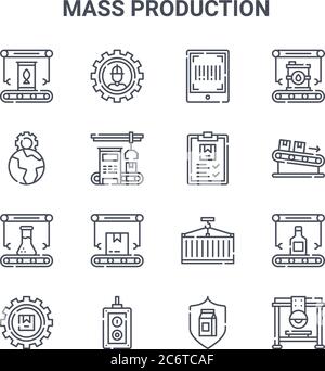 set of 16 mass production concept vector line icons. 64x64 thin stroke icons such as worker, world, packages, container, remote control, bridge saw, q Stock Vector