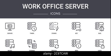 work office server concept line icons set. contains icons usable for web, logo, ui/ux such as timer, key, music, switch, info, lock, bug, power Stock Vector