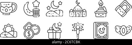 12 set of linear ramadan icons. thin outline icons such as dates, sparkler, zakat, oil lamp, sleeping, ramadan for web, mobile Stock Vector