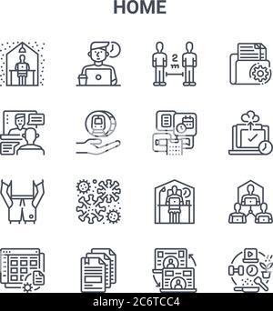 set of 16 home concept vector line icons. 64x64 thin stroke icons such as freelance, meeting, responsibility, stay at home, priority, hobbies, , appli Stock Vector