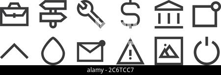 12 set of linear user interface icons. thin outline icons such as shutdown, warning, water, bank, maintenance, direction for web, mobile Stock Vector