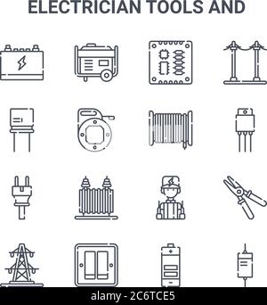 set of 16 electrician tools and concept vector line icons. 64x64 thin stroke icons such as power, capacitor, cable, electrician, lamp, diode, battery, Stock Vector