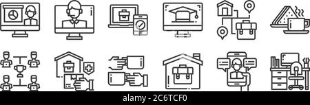 12 set of linear work from home icons. thin outline icons such as workplace, working at home, delivery, working at home, checking, call center for web Stock Vector