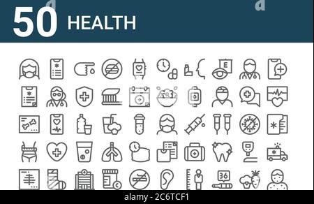 set of 50 health icons. outline thin line icons such as allergy, x ray, waist, x ray, medical report, health, medical mask Stock Vector