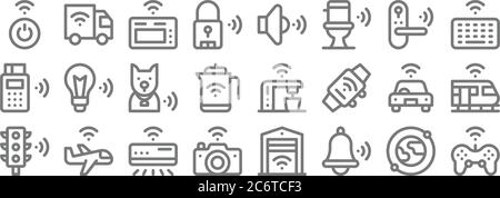 internet of things line icons. linear set. quality vector line set such as gamepad, bell, camera, traffic, smart car, tracker, smart keyboard, speaker Stock Vector