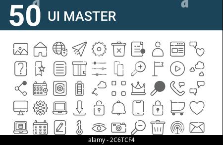 set of 50 ui master icons. outline thin line icons such as email, list, monitor, share, question, home, menu, trash bin, focus, notification Stock Vector