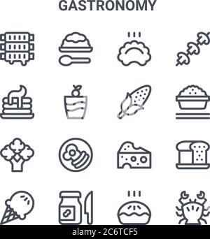 set of 16 gastronomy concept vector line icons. 64x64 thin stroke icons such as rice, pancake, rice bowl, cheese, peanut butter, crab, pie, corn, mush Stock Vector