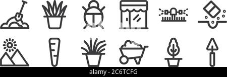 12 set of linear landscaping equipment icons. thin outline icons such as trowel, wheelbarrow, carrot, sprinkler, bug, plant for web, mobile Stock Vector