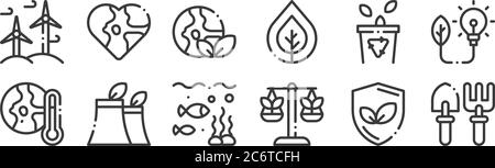 12 set of linear ecology icons. thin outline icons such as gardening tools, ecology, nuclear plant, trash, earth, earth for web, mobile Stock Vector