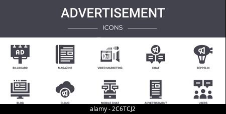 advertisement concept line icons set. contains icons usable for web, logo, ui/ux such as magazine, chat, blog, mobile chat, advertisement, users, zepp Stock Vector