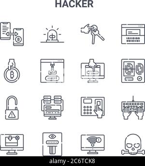 set of 16 hacker concept vector line icons. 64x64 thin stroke icons such as alarm, bitcoin, fingerprint scan, access, data theft, skull, wifi, passwor Stock Vector