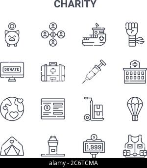 set of 16 charity concept vector line icons. 64x64 thin stroke icons such as donation, online donation, hospital, delivery cart, speech, vest, score, Stock Vector