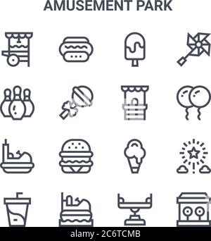 set of 16 amusement park concept vector line icons. 64x64 thin stroke icons such as hot dog, bowling, balloons, ice cream, bumper boats, bullseye, bal Stock Vector