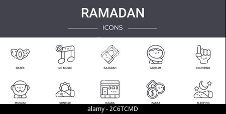 ramadan concept line icons set. contains icons usable for web, logo, ui/ux such as no music, muslim, muslim, kaaba, zakat, sleeping, counting, sajadah Stock Vector