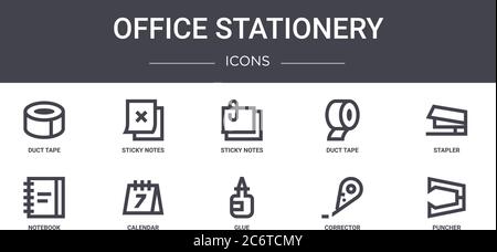 office stationery concept line icons set. contains icons usable for web, logo, ui/ux such as sticky notes, duct tape, notebook, glue, corrector, punch Stock Vector