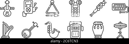 12 set of linear music icons. thin outline icons such as cymbals, cassette player, banjo, flute, triangle, mp music file for web, mobile Stock Vector