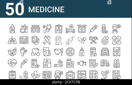 set of 50 medicine icons. outline thin line icons such as herbal, clipboard, heart rate, mortar, lungs, test tubes, hospital Stock Vector