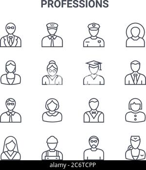 set of 16 professions concept vector line icons. 64x64 thin stroke icons such as taxi driver, babysitter, businessman, butler, constructor, stewardess Stock Vector