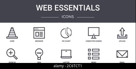 web essentials concept line icons set. contains icons usable for web, logo, ui/ux such as browser, computer screen, zoom in, laptop, menu, email, uplo Stock Vector