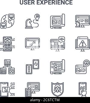 set of 16 user experience concept vector line icons. 64x64 thin stroke icons such as strategy, layout, warning, planing, checklist, touch screen, secu Stock Vector