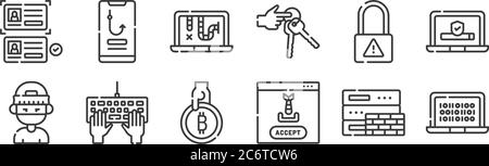 12 set of linear hacker icons. thin outline icons such as programming, malware, hacker, cyber security, malware, phishing for web, mobile Stock Vector