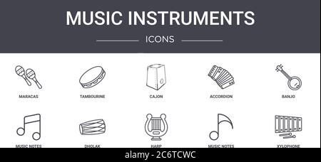 music instruments concept line icons set. contains icons usable for web, logo, ui/ux such as tambourine, accordion, music notes, harp, music notes, xy Stock Vector
