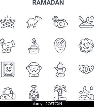 set of 16 ramadan concept vector line icons. 64x64 thin stroke icons such as camel, cannon, rub el hizb, teapot, oud, sleeping, palm tree, location, r Stock Vector