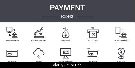 payment concept line icons set. contains icons usable for web, logo, ui/ux such as cashier machine, no cit card, cit card, online payment, cit card, l Stock Vector