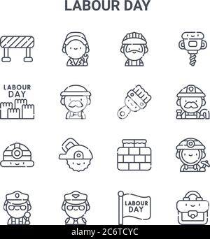 set of 16 labour day concept vector line icons. 64x64 thin stroke icons such as worker, labor day, fireman, brick wall, pilot, briefcase, labor day, p Stock Vector