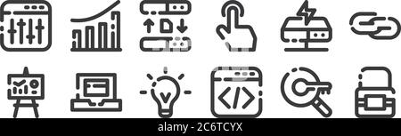 12 set of linear seo marketing icons. thin outline icons such as lock, programming language, laptop, server, server, chart for web, mobile Stock Vector
