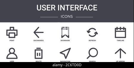 user interface concept line icons set. contains icons usable for web, logo, ui/ux such as backwards, refresh, user, navigation, search, up arrow, time Stock Vector
