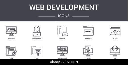 web development concept line icons set. contains icons usable for web, logo, ui/ux such as developer, website, link, front end, login, api, image, plu Stock Vector