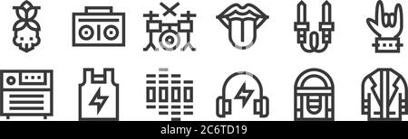 12 set of linear rock and roll icons. thin outline icons such as leather jacket, headphone, tshirt, audio jack, drum set, boombox for web, mobile Stock Vector