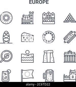 set of 16 europe concept vector line icons. 64x64 thin stroke icons such as dublin castle, gherkin, sausage, stonehenge, europe, belem tower, beer, eu Stock Vector