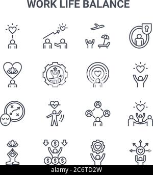 set of 16 work life balance concept vector line icons. 64x64 thin stroke icons such as coaching, mental, quality of life, community, rich, responsibil Stock Vector