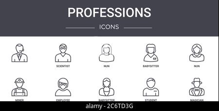 professions concept line icons set. contains icons usable for web, logo, ui/ux such as scientist, babysitter, miner, babysitter, student, magician, nu Stock Vector