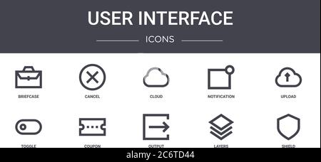 user interface concept line icons set. contains icons usable for web, logo, ui/ux such as cancel, notification, toggle, output, layers, shield, upload Stock Vector
