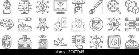 emerging technology line icons. linear set. quality vector line set such as autonomous car, heart, aeroplane, fingerprint, bitcoin, robot, blockchain Stock Vector