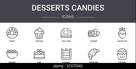 desserts candies concept line icons set. contains icons usable for web, logo, ui/ux such as cupcake, cookies, candies, pudding, croissant, cupcake, ch Stock Vector