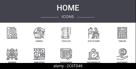 home concept line icons set. contains icons usable for web, logo, ui/ux such as hobbies, stay at home, distance, management, responsibility, save mone Stock Vector